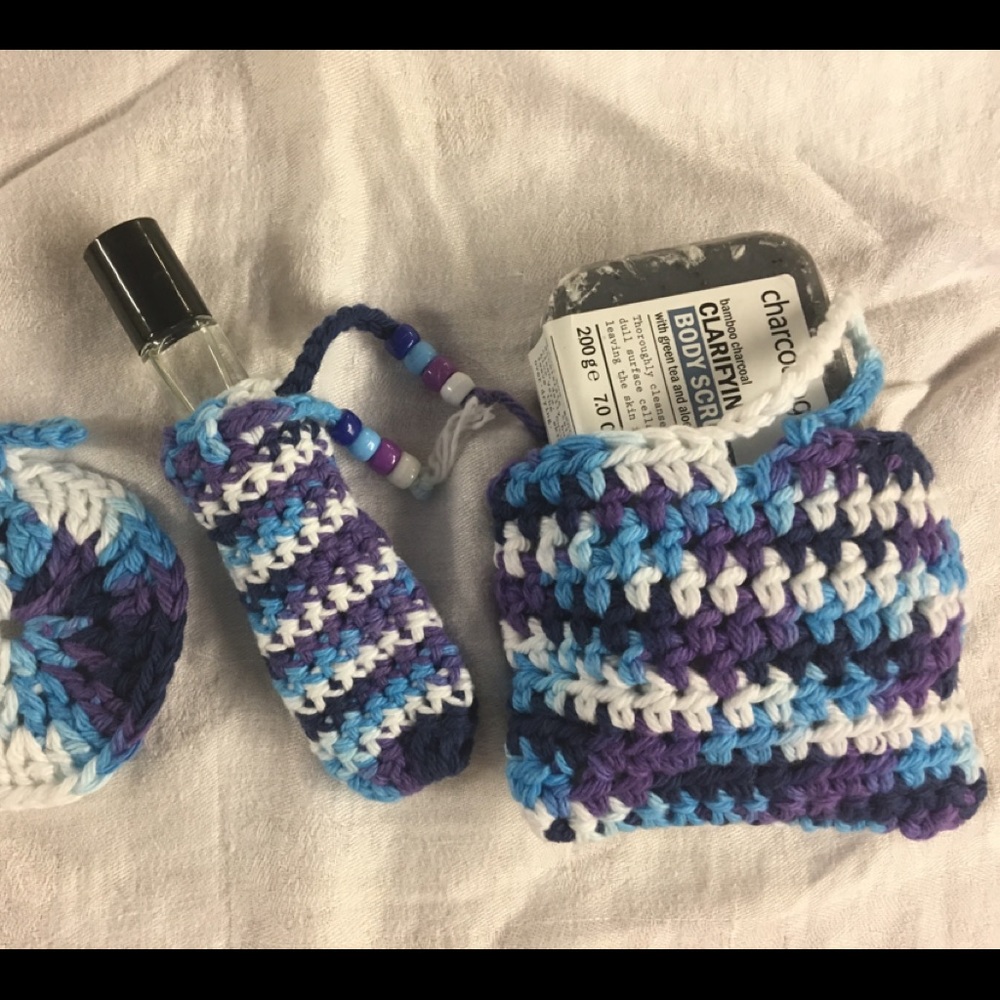 Handcrafted Crochet Spa Beauty Bath Gift Set-Eyes, Lips, Makeup Blues/Purples